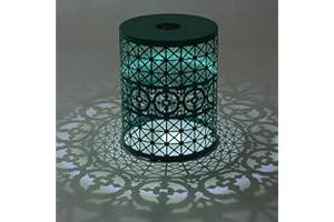 Knocbel Decorative Garden Stool with Built-in Solar Powered Light, Powder-Coated Iron Barrel Shaped Side Table, Indoor Outdoor Patio Plant Stand, Dia 12.5" x 16.5"H, Teal Cranbrook