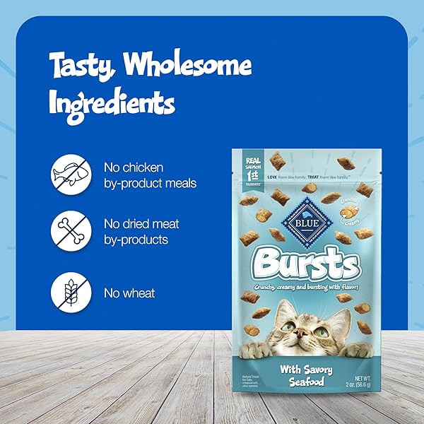 BLUE BUFFALO BURSTS CRUNCHY & CREAMY CAT TREATS, GREAT FOR TRAINING, SAVORY SEAFOOD, 5-OZ BAG