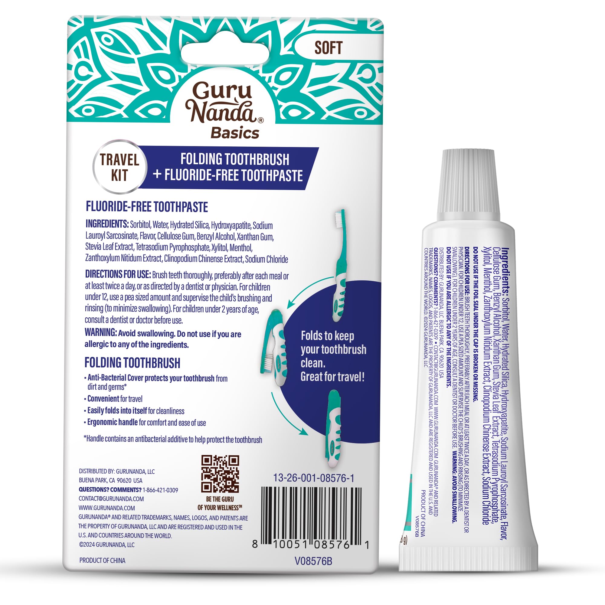 GuruNanda Folding Toothbrush with Built-in Cover & Toothpaste with Hydroxyapatite, Perfect for Travel, Compact & Portable, On-The-go - Soft Bristles & Ergonomic Handle, for Adults & Kids (1 Count)