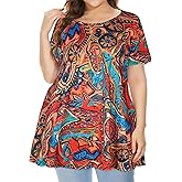 JOELLYUS Plus Size Tops for Women Tunic Floral Casual Short Sleeves T Shirts Flowy Blouses