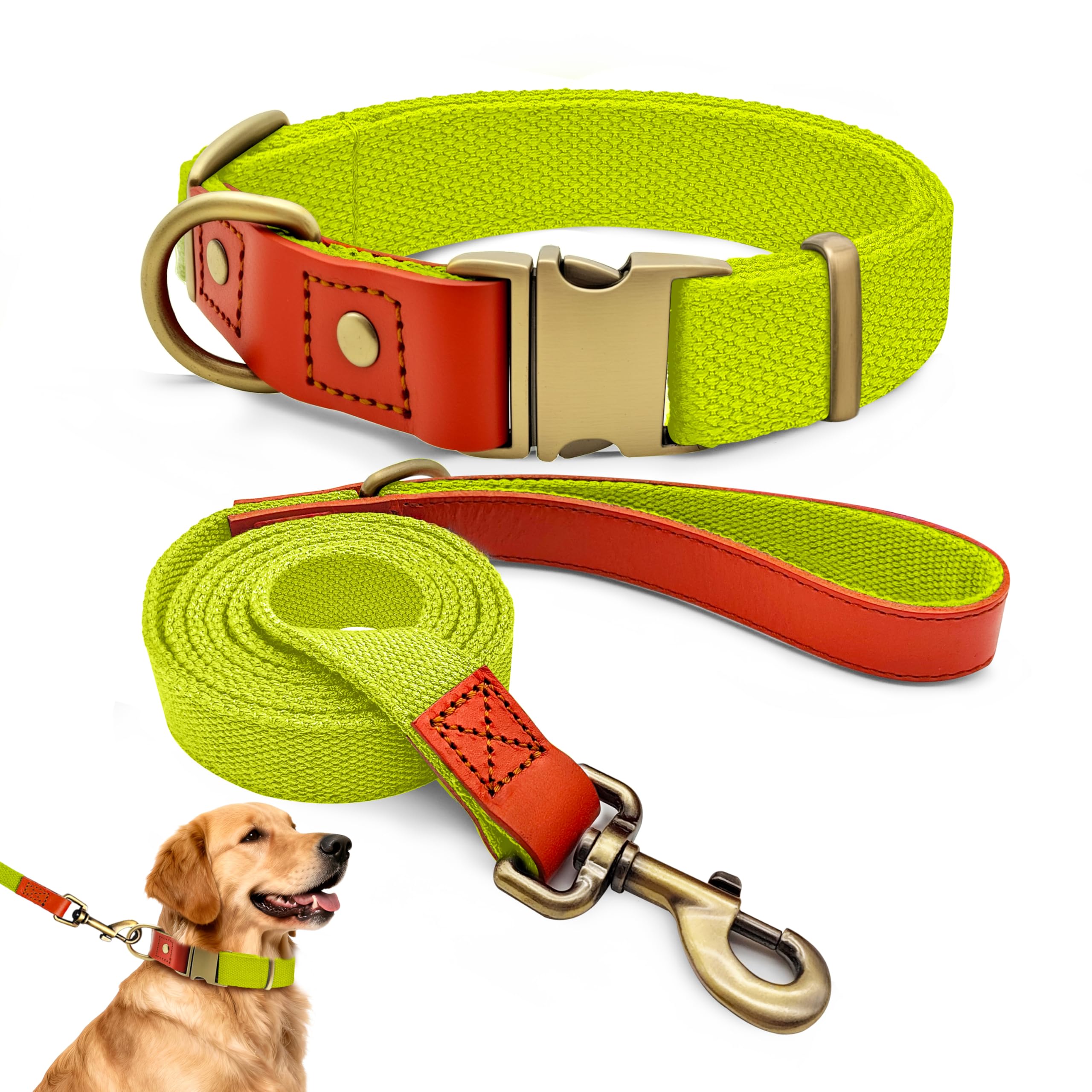 QRDA Dog Collar and Lead Set Fluorescent Yellow Personalized Collar Adjustable Tactical Belt for Medium Large Dogs, XL