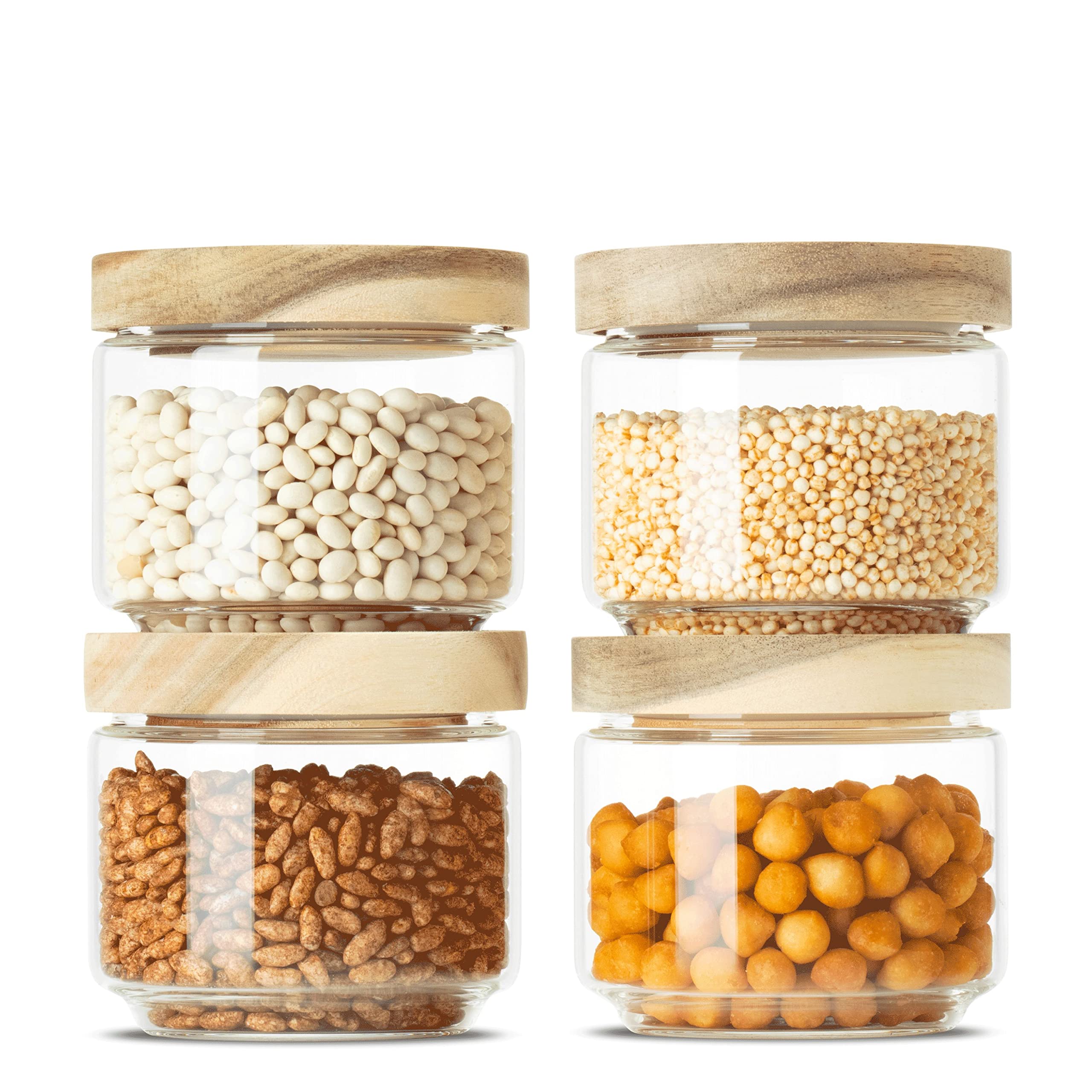 Econovo® Storage Jars with Lids 300 ml (4 Pieces), Glass Container with Lid Set, Glass Storage Jars for Storing Cereal, Pasta, Coffee, Storage Jars with Wooden Lids