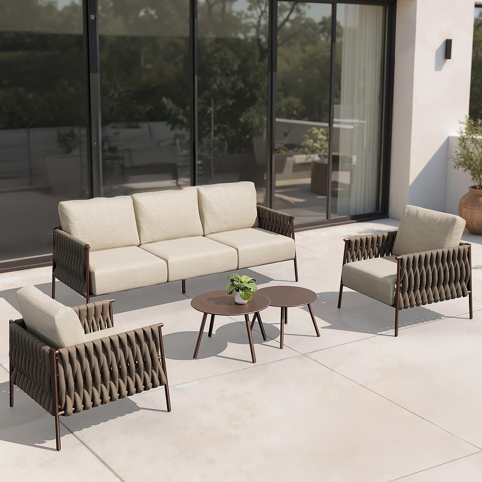Photo 1 of **SOME SCRATCHES**EAST OAK 5-Piece Patio Furniture Set | Life Chatter 5-Seat Outdoor Furniture | Deep Seating & Two Coffee Tables | Waterproof Extra-Thick Cushions | Porch, Balcony & Backyard | Chestnut & Apricot