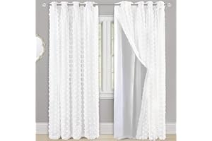 DriftAway White Pinch Pleated Voile Chiffon Blackout Curtain Liner Embroidered with Pom Pom 2 Layers Grommet Curtain for Kids Girls Nursery Room 84 Inch One Panel