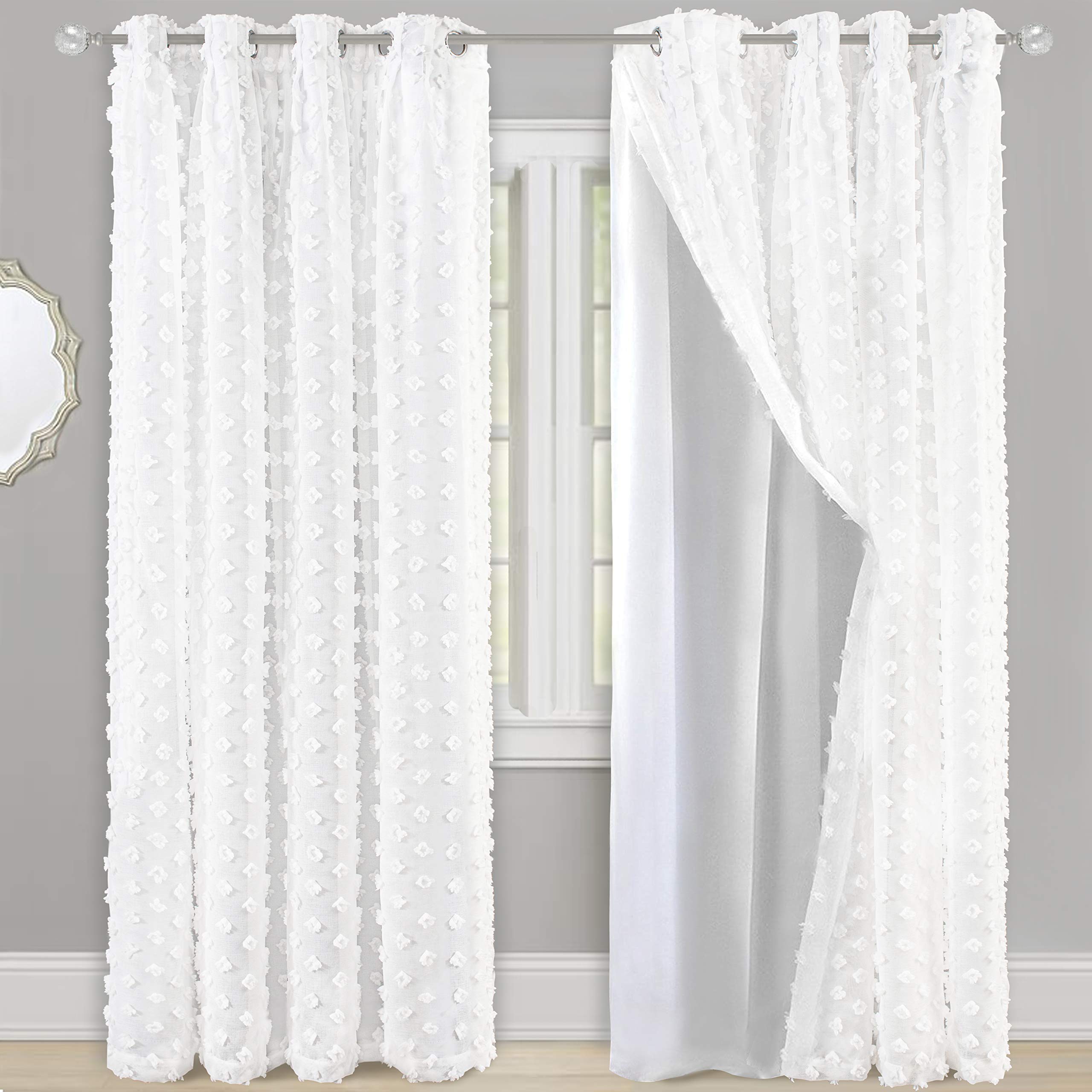 Photo 1 of DriftAway White Pinch Pleated Voile Chiffon Blackout Curtain Liner Embroidered with Pom Pom 2 Layers Grommet Curtain for Kids Girls Nursery Room 84 Inch One Panel