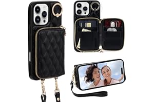 Keallce Case for iPhone 16 Pro 6.3'' Wallet Case, Crossbody Zipper Purse with Wristlet for Women, RFID Blocking Card Holders, 360° Ring Kickstand Flip Leather Case for iPhone 16 Pro, Black