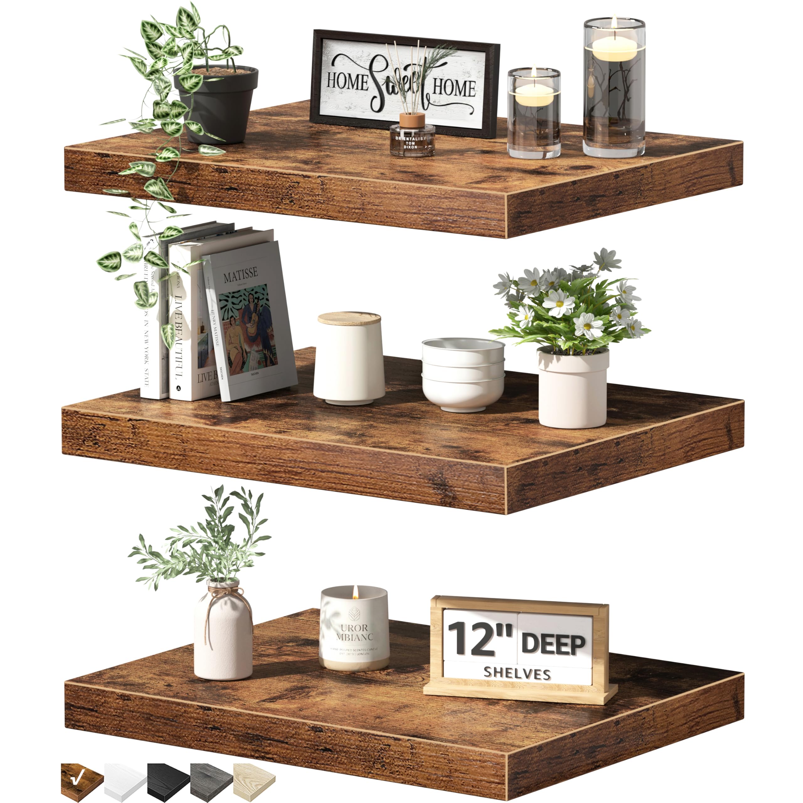 QEEIG 12" Deep Floating Shelves for Wall - 12 x 16 inch Book Shelf Bathroom Bedroom Kitchen Living Room Hanging Bookshelf Farmhouse Set of 3, Brown (026-40BN3)