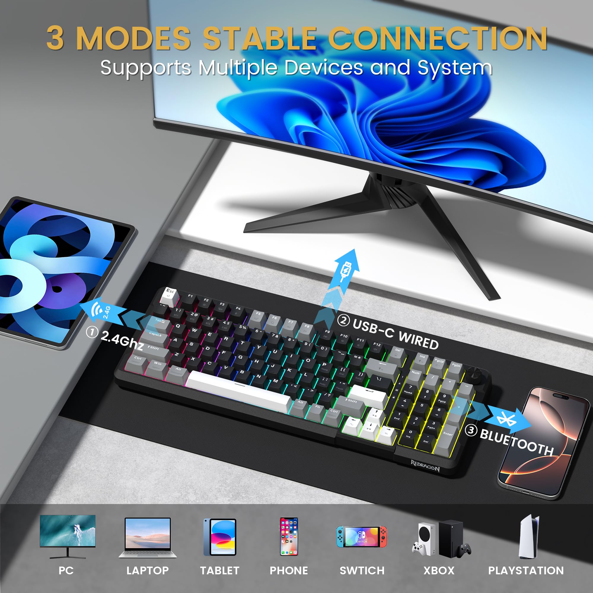 Redragon K742 Wireless Mechanical Gaming Keyboard with Knob, Bluetooth 5.0/2.4GHz/USB C Wired Creamy Keyboard with Number Pad for PC Computer, Hot Swappable RGB Backlits, Custom Linear Switch, Black