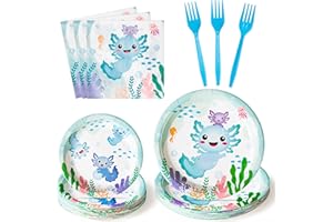 G1ngtar 96Pcs Blue Axolotl Party Plates Supplies - Cute Cartoon Axolotl Party Tableware Decorations Animals Disposable Paper Plates Napkins Forks for Kids Boy Birthday Baby Shower, Serves 24