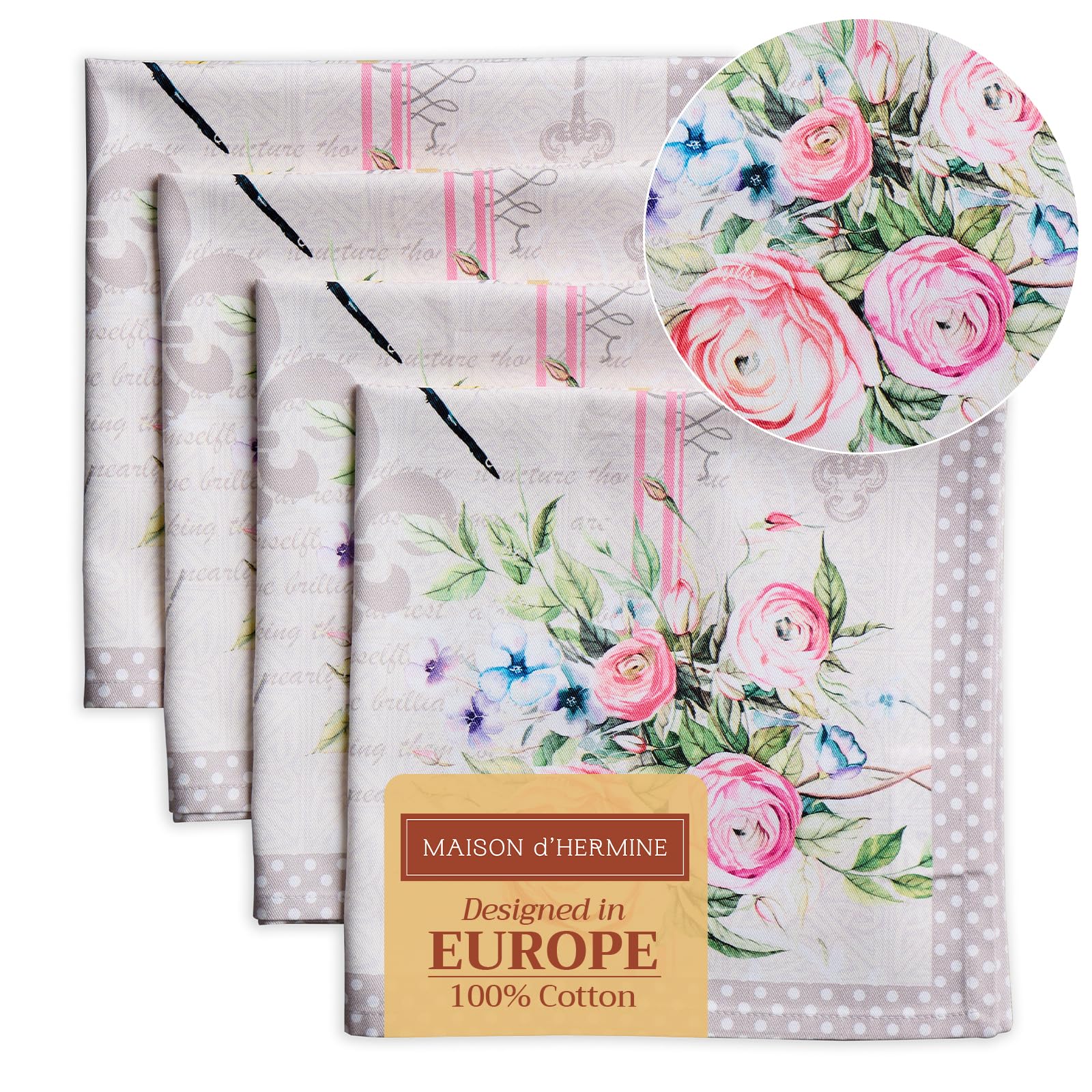 Maison d' Hermine Cloth Napkins Set of 4 100% Cotton Everyday Reusable Square Napkins Cloth Washable Dinner Party Wedding Restaurant Gifts for Mothers Day (Champ De Mars, 45 CM x 45 CM)