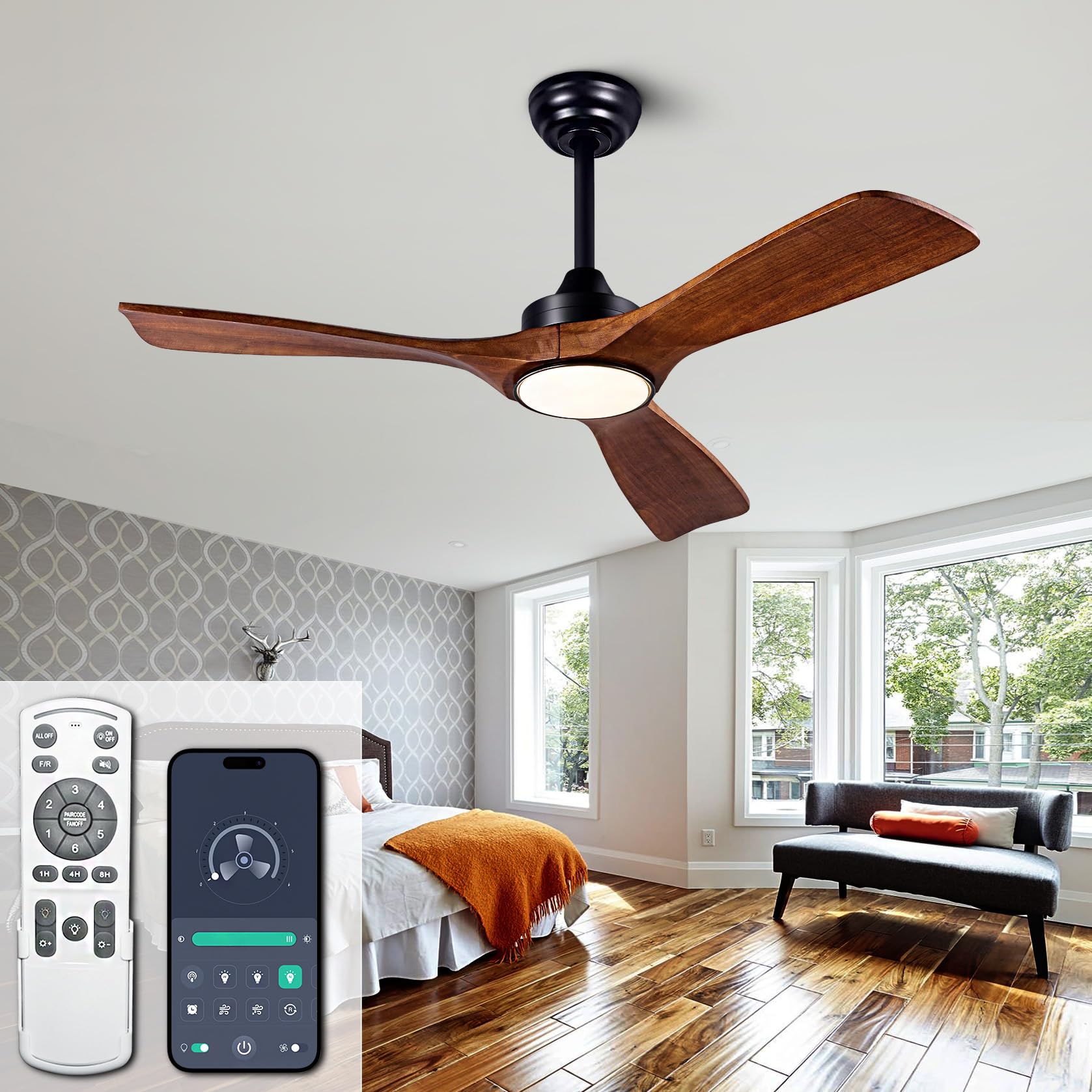 Photo 1 of 42 Inch Black Ceiling Fans with Lights and Remote,Dimmable LED Light,Quite Reversible DC Motor,Memory Function,Modern Solid Wood Indoor Outdoor Ceiling Fan with Light for Office Patios
