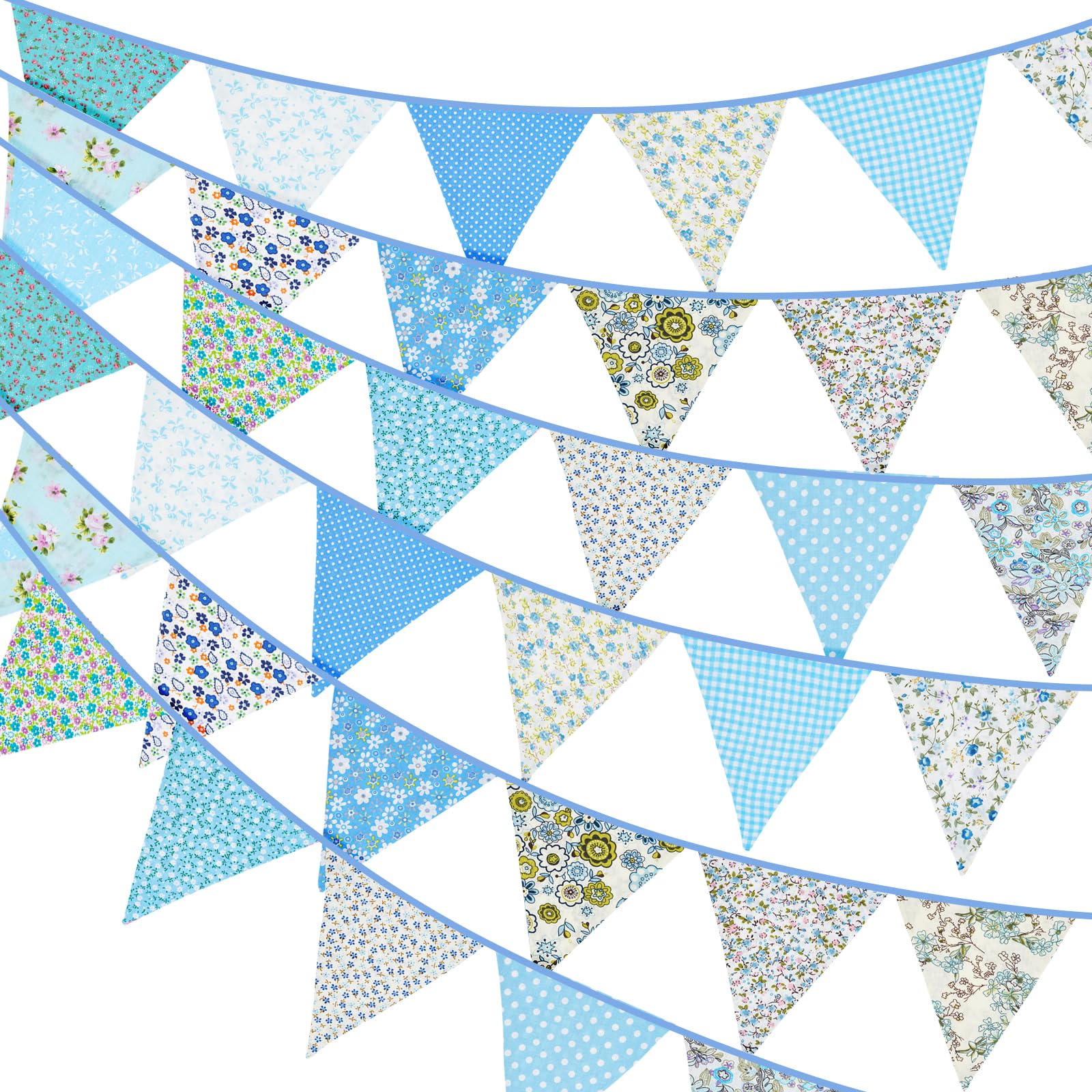 G2PLUS 36PCS Double Sided Fabric Bunting, 10M Blue Floral Cotton Banner, 17x19CM Large Triangle Garland Reusable for Indoor and Outdoor Party Decoration
