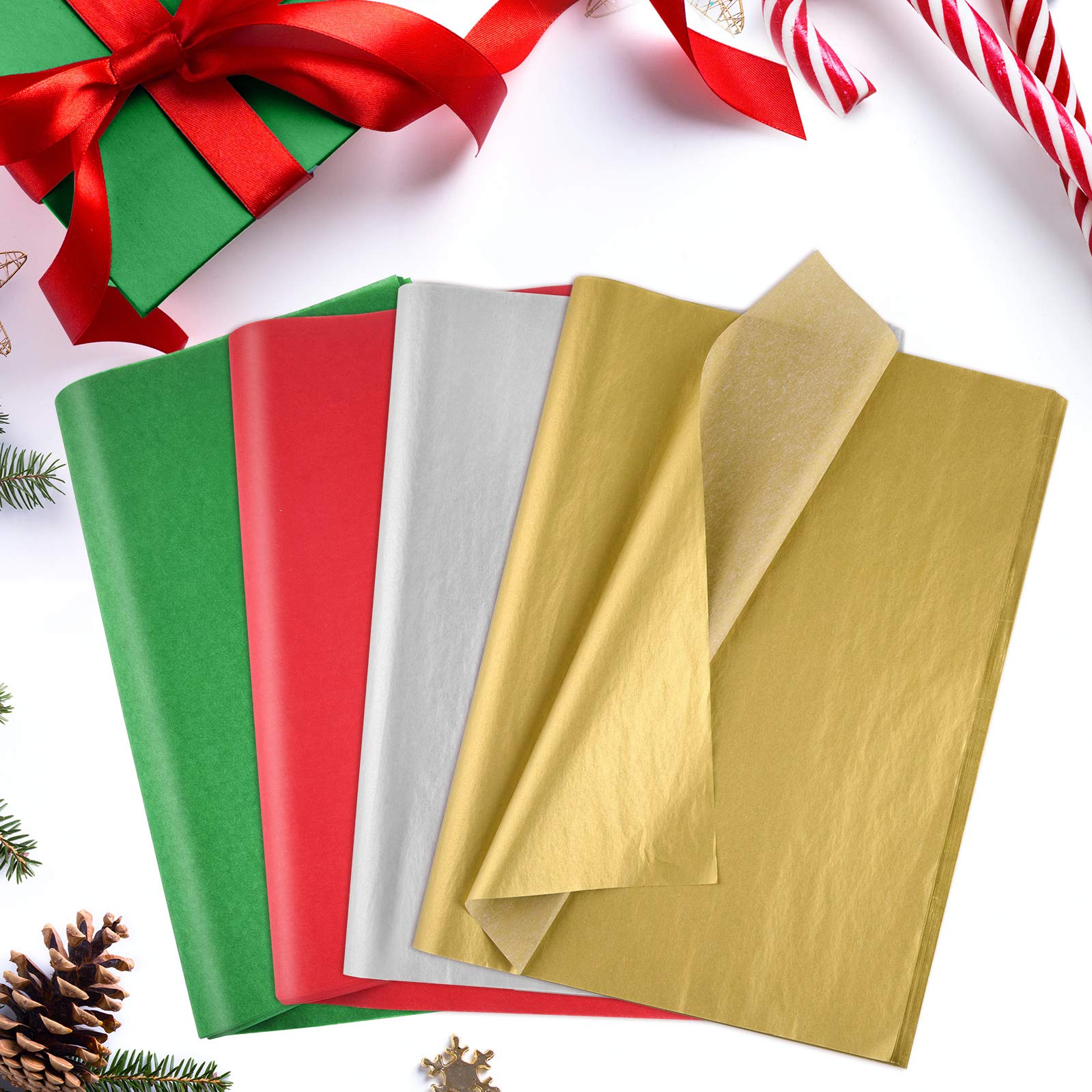 Christmas Tissue Paper for Gift Bags 60 Sheets, PLULON Red Green Golden Silver Christmas Gift Wrapping Tissue Paper Bulk for DIY Crafts Decor Holiday Party Wrapping Accessory 35 × 50cm