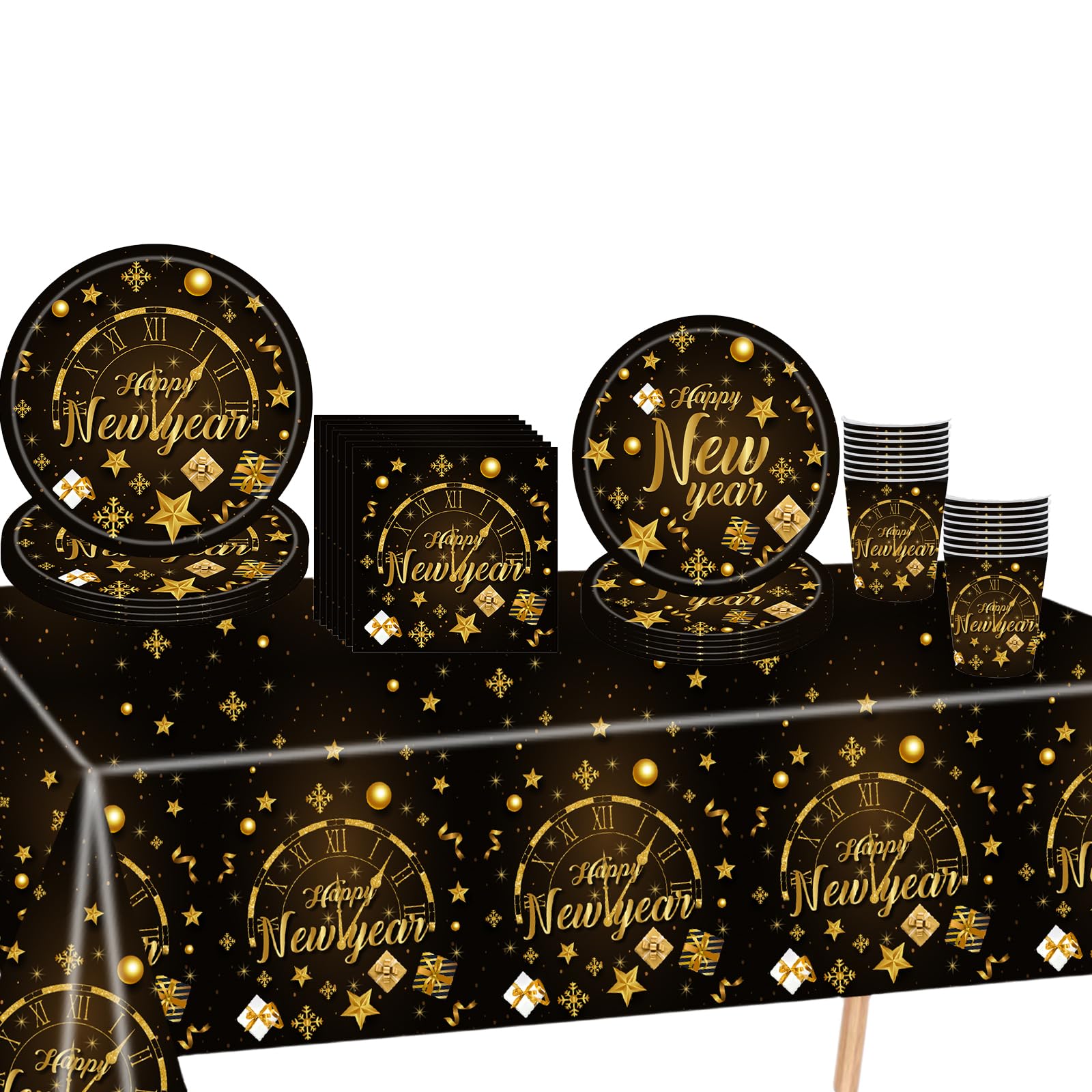 69Pcs Happy New Year Eve Party Tableware Plastic New Years Table Cloth Cover,Paper Plates,Napkins and Cup,Black Gold Dinnerware Set for 2026 Happy New Year Eve Party Decorations Suppliers