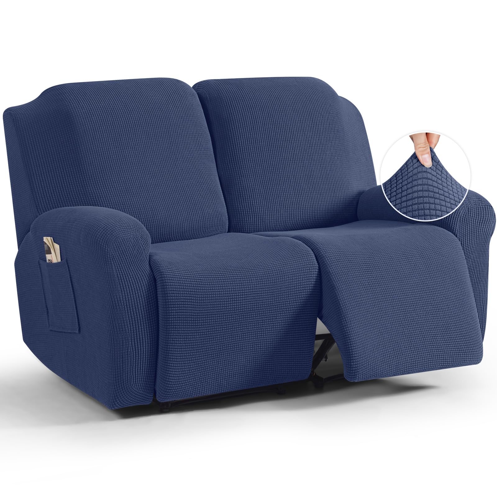 Photo 1 of TAOCOCO Recliner Loveseat Slipcover, 6 Pieces Dual Recliner Sofa Covers for 2 Seat Dual Reclining Loveseat Couch, Stretch Soft Jacquard Pattern Furniture Protector with Elasticity (Navy Blue)