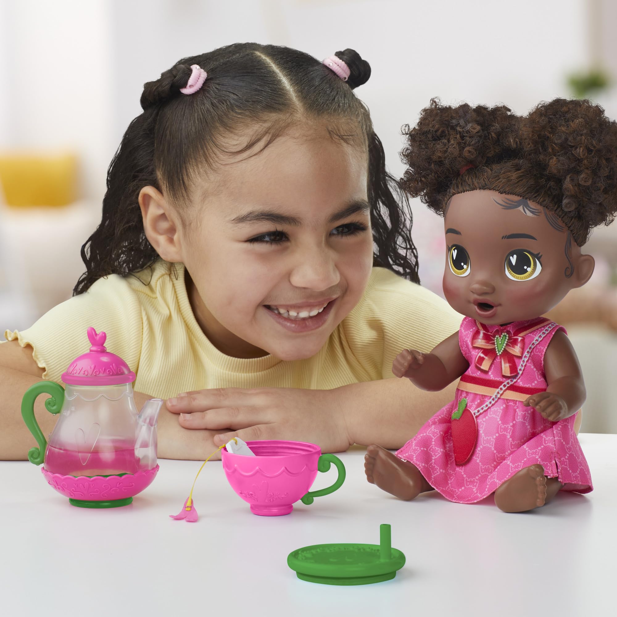 Baby Alive Bubbly Tea Party Berry Boo Doll with Teapot Accessories, Black Hair, 11 Inches, Kids Toys, Ages 3+