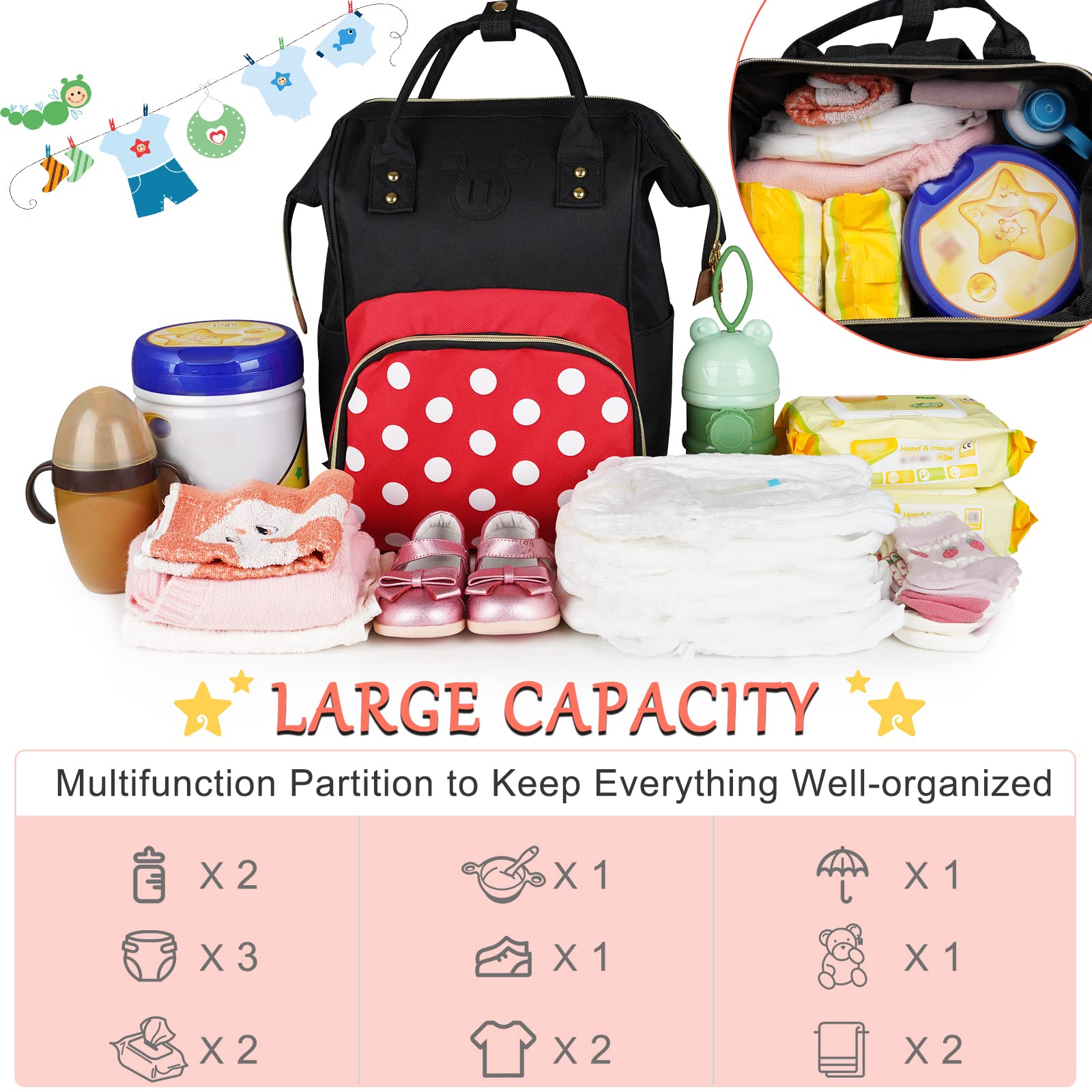 Baby Diaper Bag Backpack, Large Capacity Waterproof Multi-Function Fashion Polka Dots Travel Bag Pack, Nursing Bag(A)