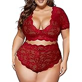 Plus Size 2 Piece Lingerie Set for Women Sexy Deep V Allover Lace Bra and Panty High Waist Nightwear Clubwear