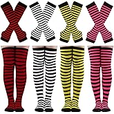 Elfcool 2/4 Sets Womens Long Striped Knee High Socks Knit Fingerless Arm Warmers for Halloween Christmas