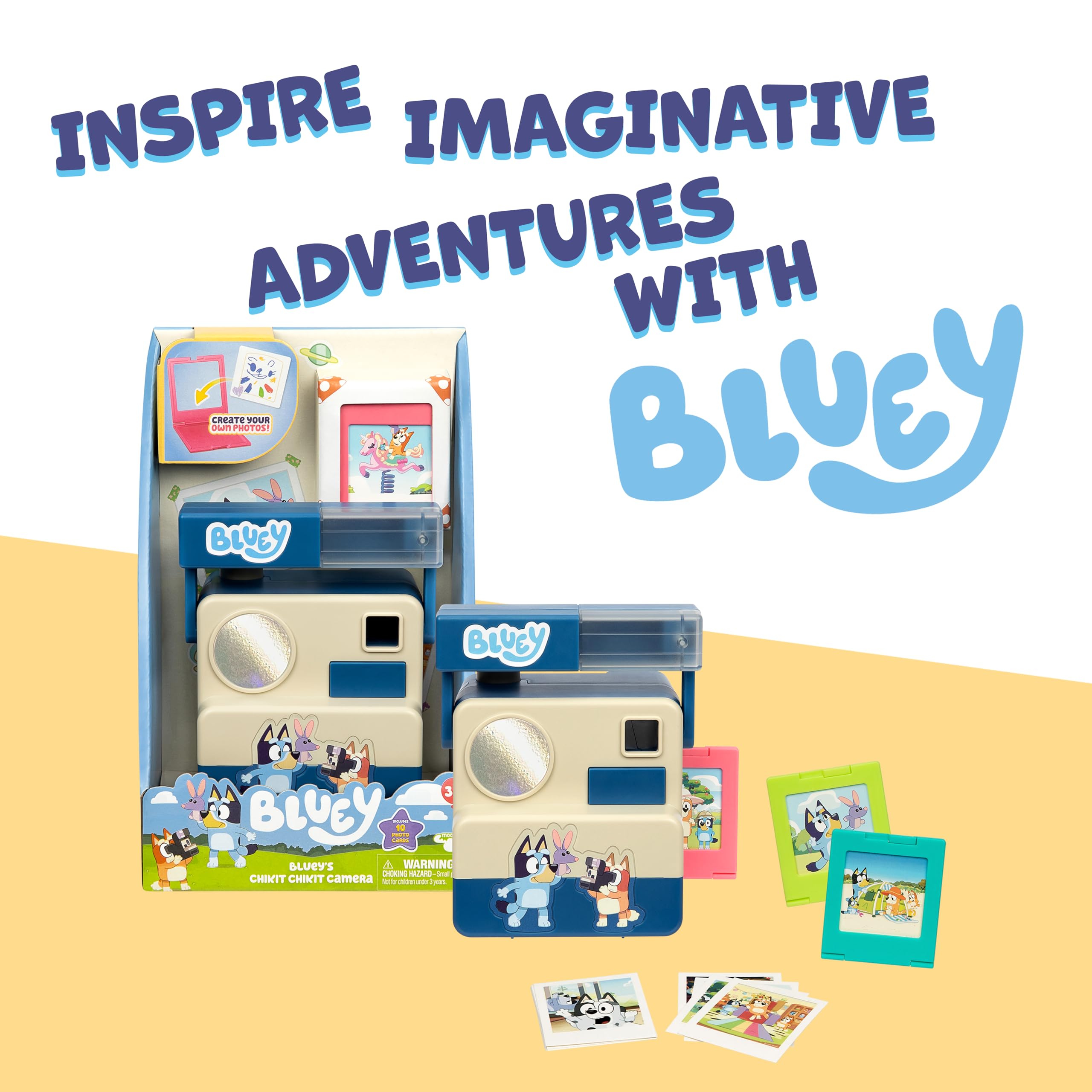 Bluey Chikit Chikit Pretend Camera, Role Play Toy Camera for Kids with 10 Photo Cards, 3 Pop-Out Film Cartridges, Toddler Toys Playset for Ages 3+