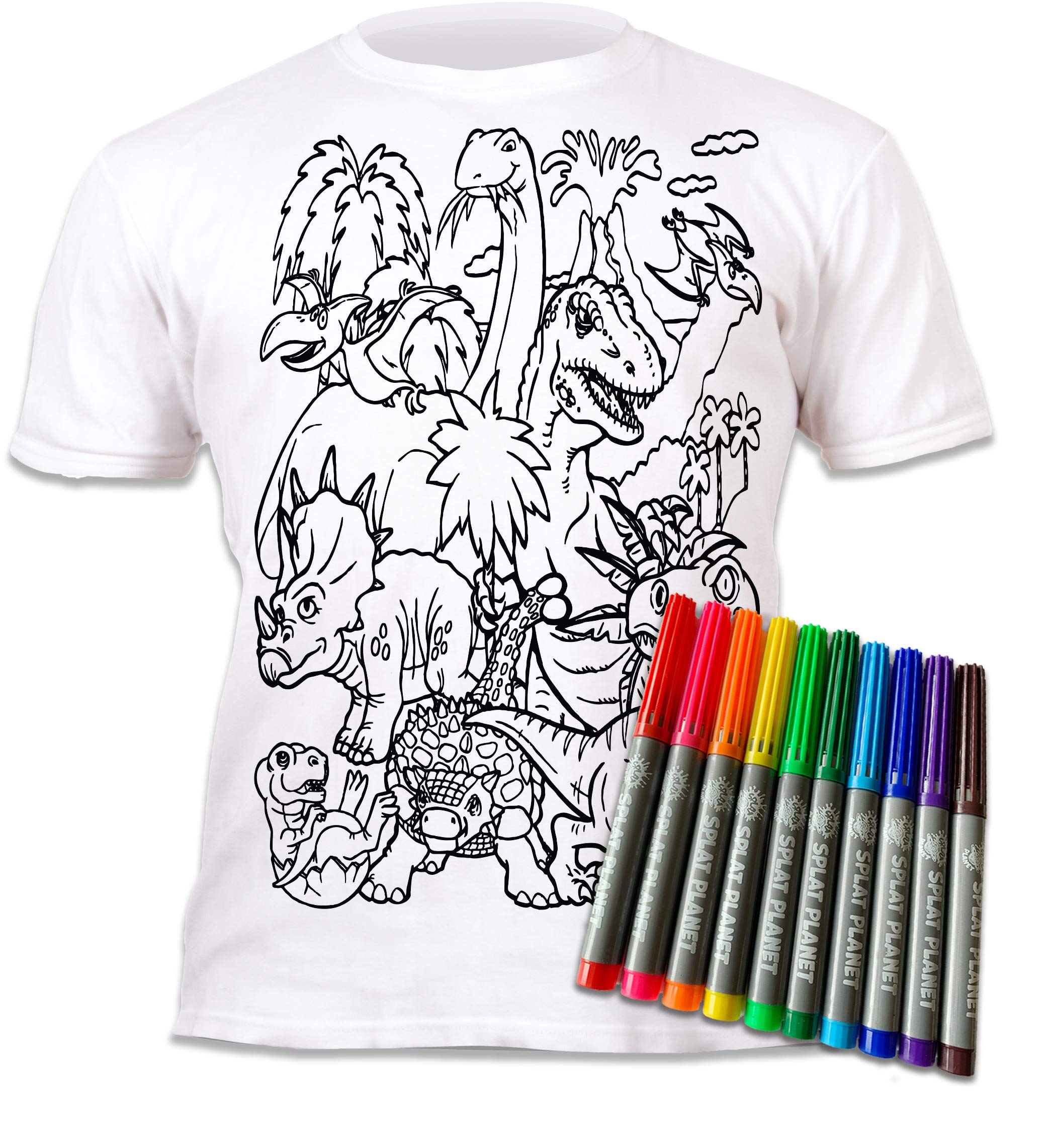 Splat Planet Colour-in Dinosaur T-Shirt with 10 Washable Magic Pens - Colour Your Own, Colour-in and Wash Out T Shirt (UK, Age, 7 Years, 8 Years, Regular) White
