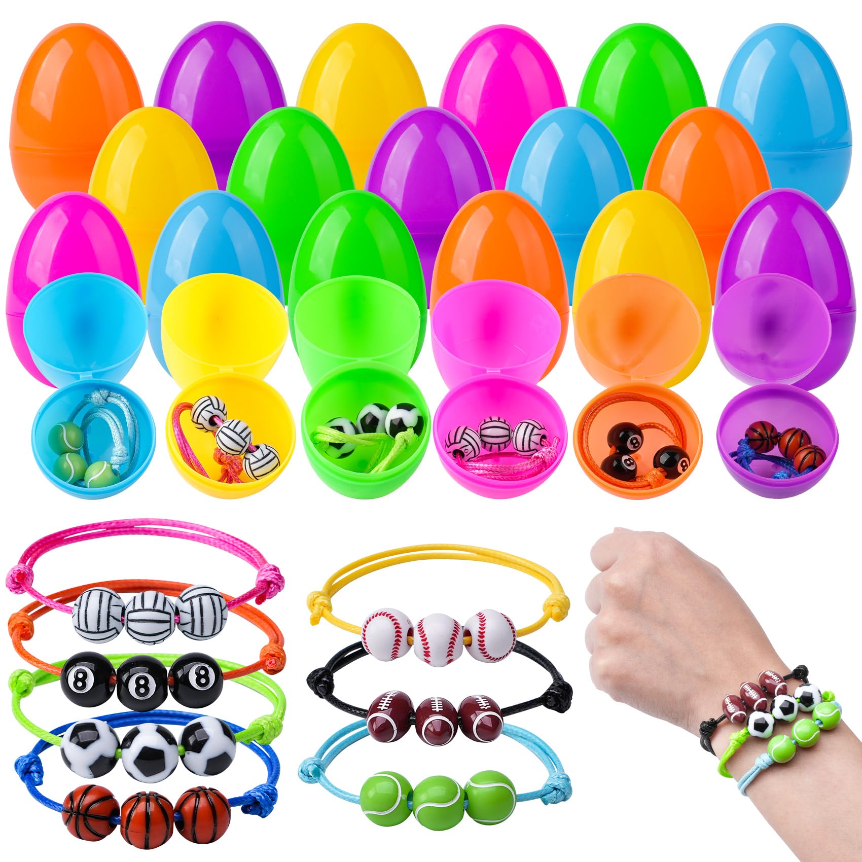 Zivilic Prefilled Easter Eggs with Toys 56 Pcs Easter Basket Stuffers Easter Eggs Filled with Sports Ball Bracelets Gifts for Kids Easter Egg Hunt Fillers(28 Eggs+ 28 Bracelets)