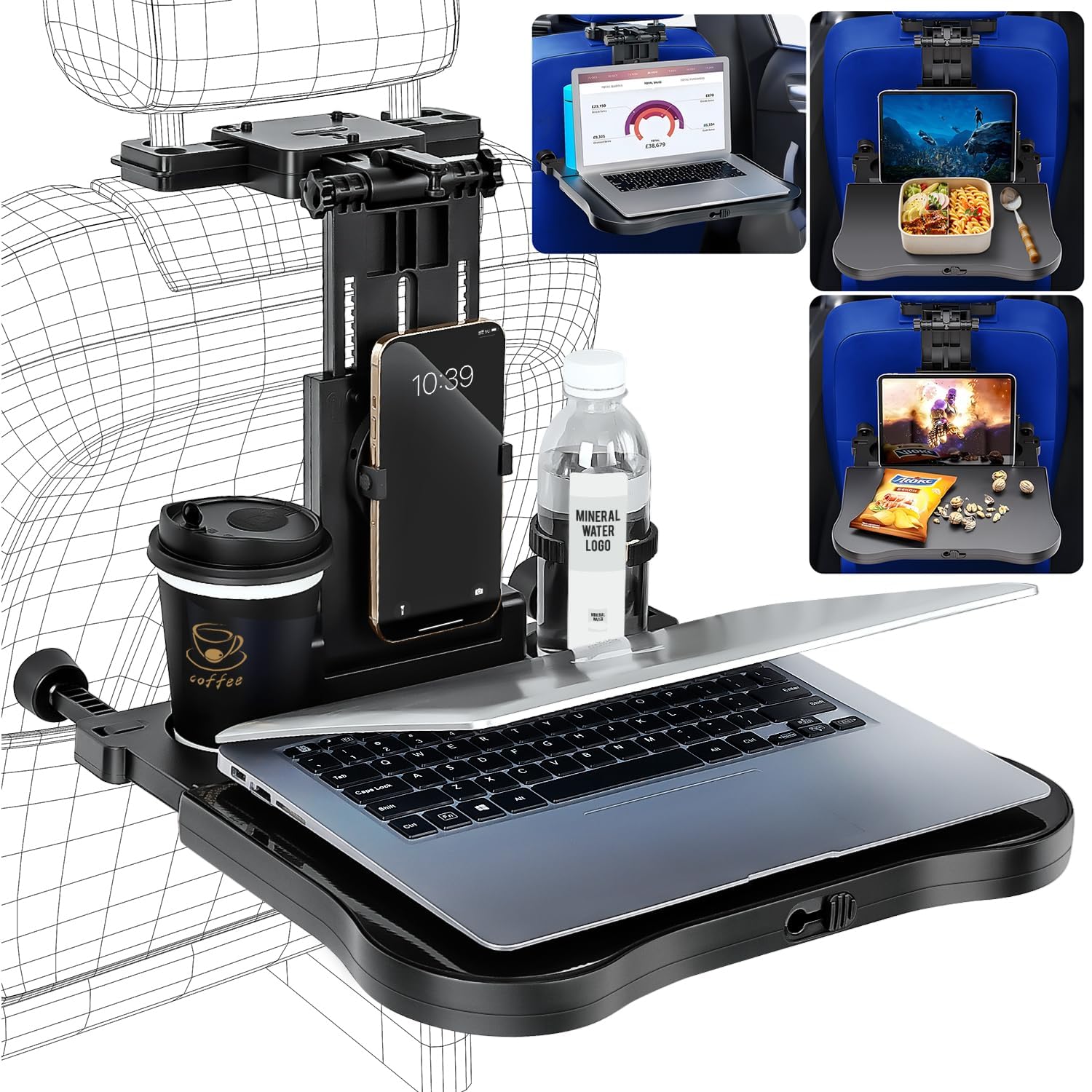 AUEOTUAR Car Back Seat Tray Table, Foldable Eating Food Table for Kids Passenger Roadtrip Travel, Multifunctional Laptop Work Desk with Non-Slip Pad Phone Holder Load Capacity 15-20kg UK Patent