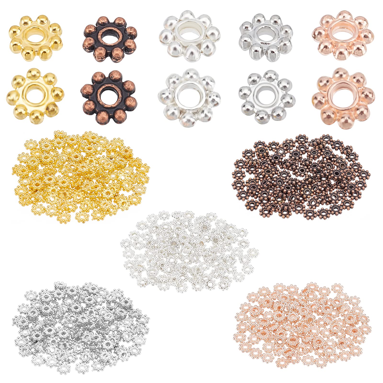 PH PandaHall 500pcs Flower Spacer Beads, 5 Colors Daisy Spacers Beads 5mm Metal Loose Blossom Bead Braclet Tiny Spacer Bead for Necklace Bracelet Earring Jewelry Makin, Hole 1mm
