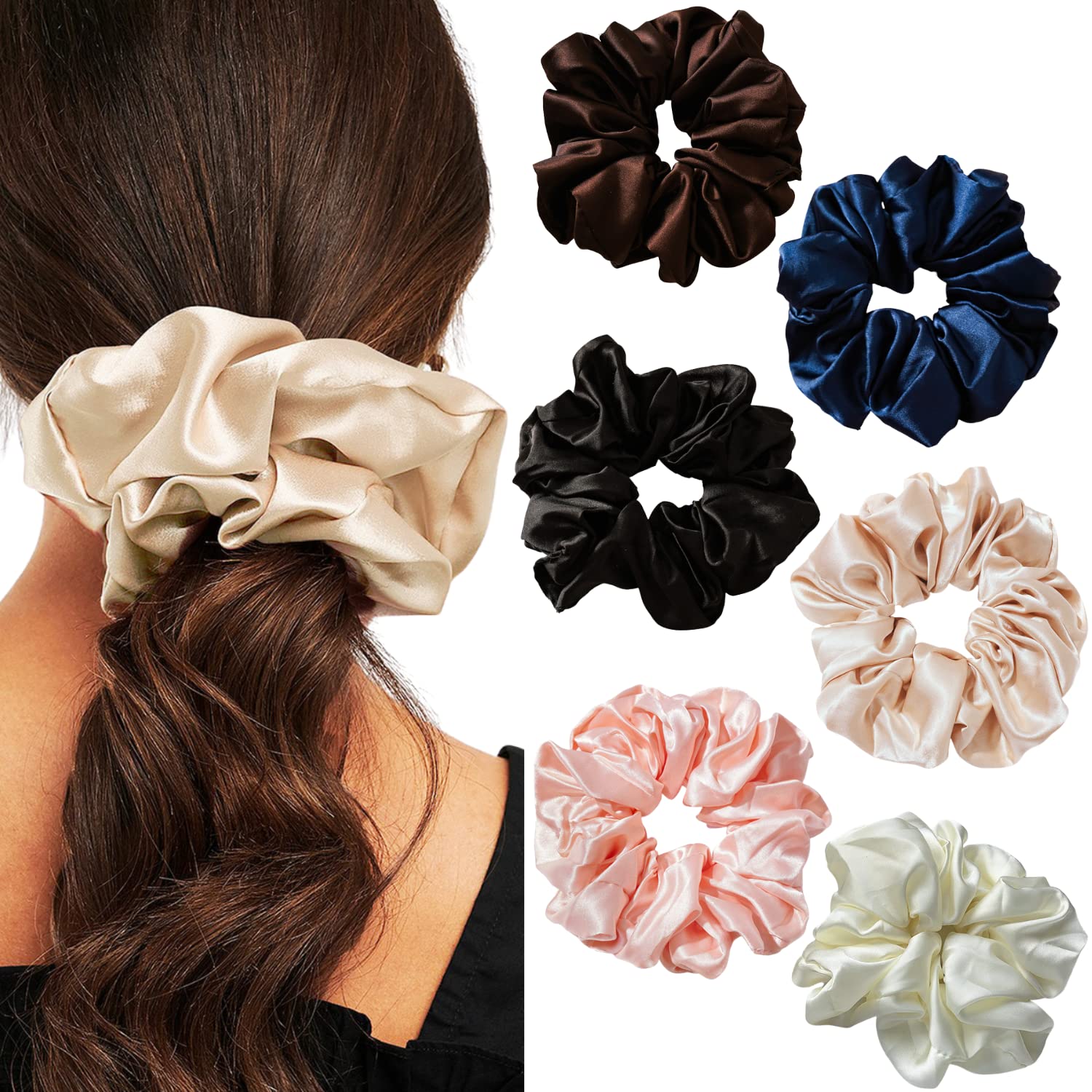 XINGNIAO Pack of 6 Massive Silk Scrunchies, Oversized Scrunchies for Thick Hair, Satin Scrunchies, Hair Bobbles for Women (Black/White/Navy Blue/Pink/Brown/Khaki)