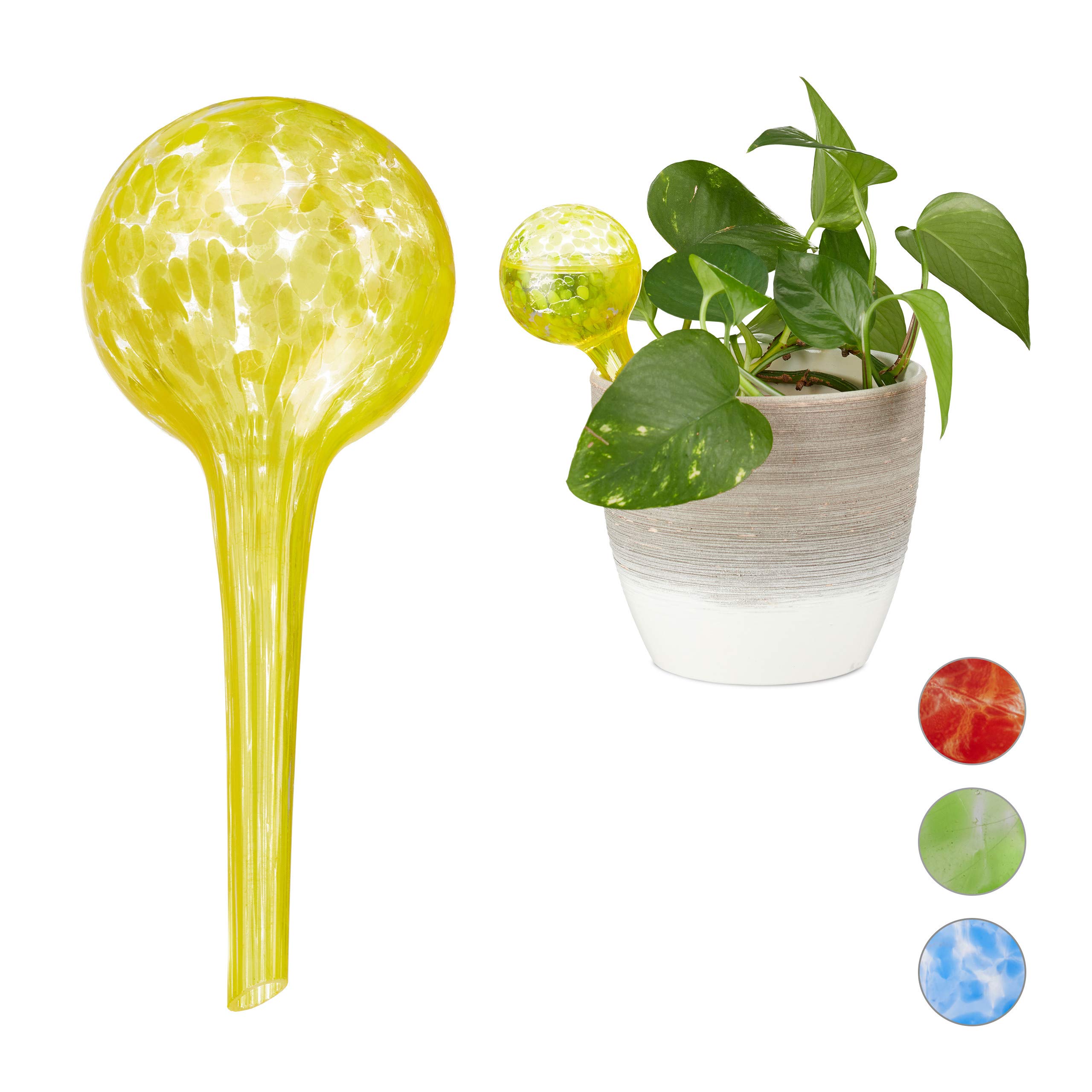 Relaxdays Watering Globes Set of 2, Regulated Irrigation for Plants, Office & Holiday Watering Aid, Glass, Yellow