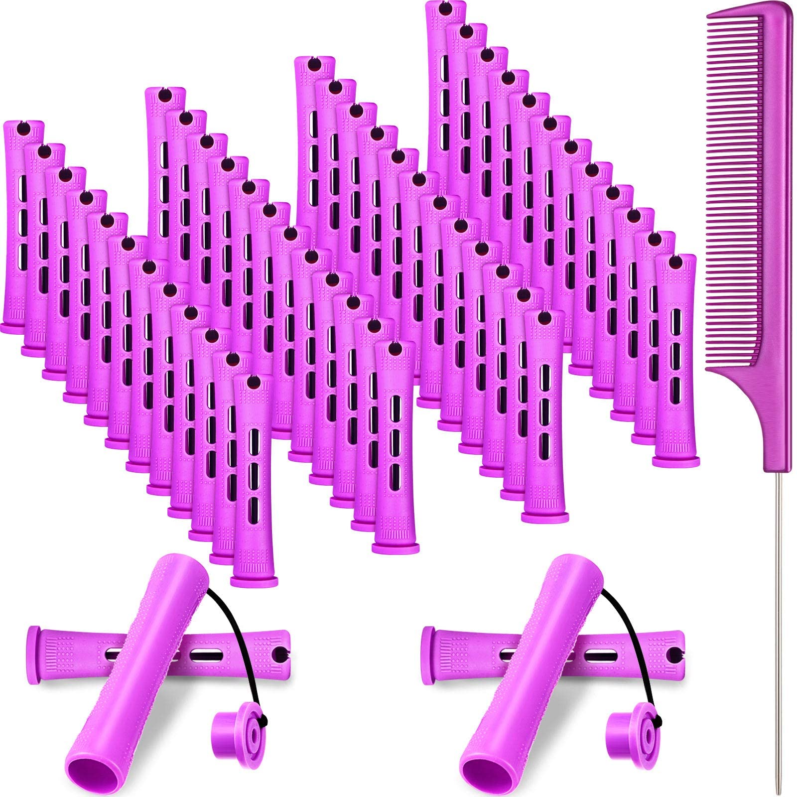 Photo 1 of ***ONLY 5 ROLLERS NO COMB*** 48 Pieces Hair Perm Rods Short Cold Wave Rods Plastic Perming Irons Hair Curling Rollers Curlers with Steel Pintail Comb Rat Tail Comb for Hairdressing Styling Supplies(0.75 Inch,Purple)