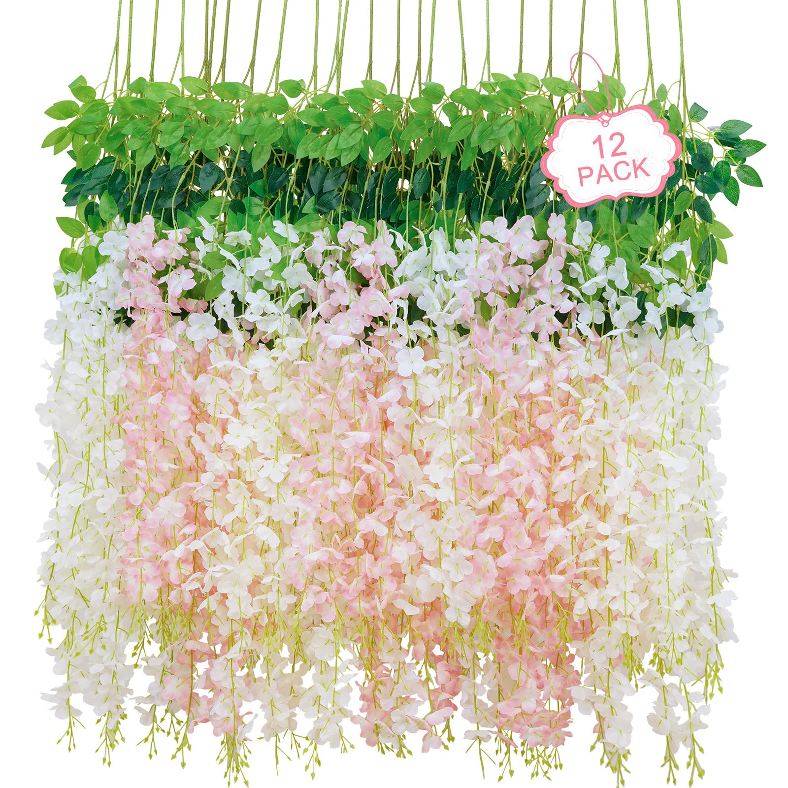 Photo 1 of Siyaluens 12Pcs Artificial Wisteria Hanging Flowers, 3.6Ft/Pcs White & Pink Fake Wisteria Garland for Wedding Party Home Garden Indoor Outdoor Decoration