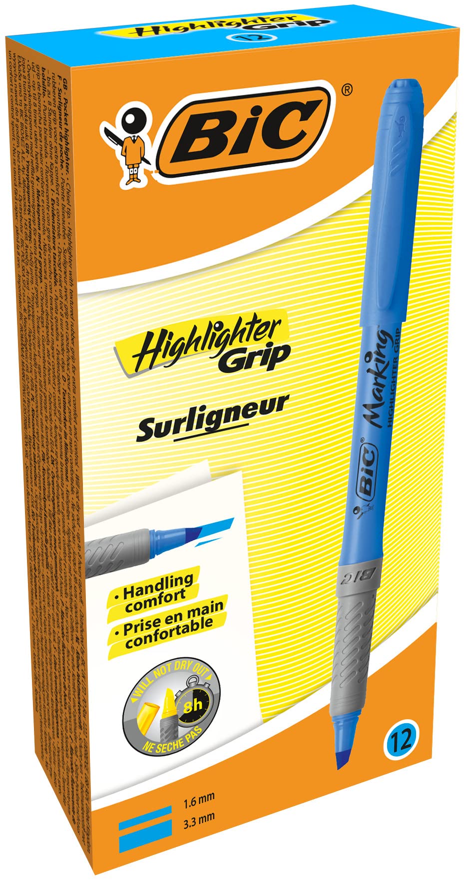 Bic Highlighter Grip Pens - Blue, Box of 12, 811931