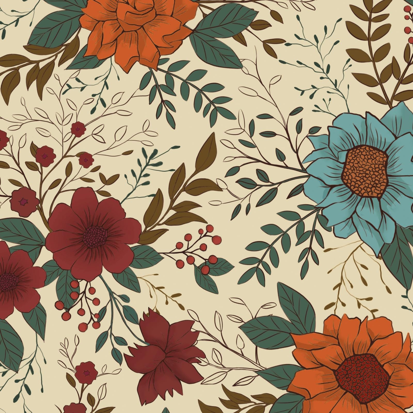 VOLEAAR Vintage Floral Peel and Stick Wallpaper Flower Contact Paper Removable Vinyl Boho Wallpaper Stick on Cabinet Living Room Bathroom Stairway Yellow Red Blue 44.5CM x 300CM