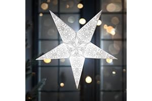 GalaxyArts Paper Star Lantern, 24 Inch Maharani White 3D 5-Point Light-Up Hanging Lamp, Handcrafted Hollow Decoration for Christmas, Weddings, Holidays, Birthday, Indoor Outdoor Party Home Décor