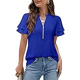 Gaharu Womens Dressy Casual Shirts Ruffle Short Sleeve Zipper V Neck Tops Work Business Office Blouse