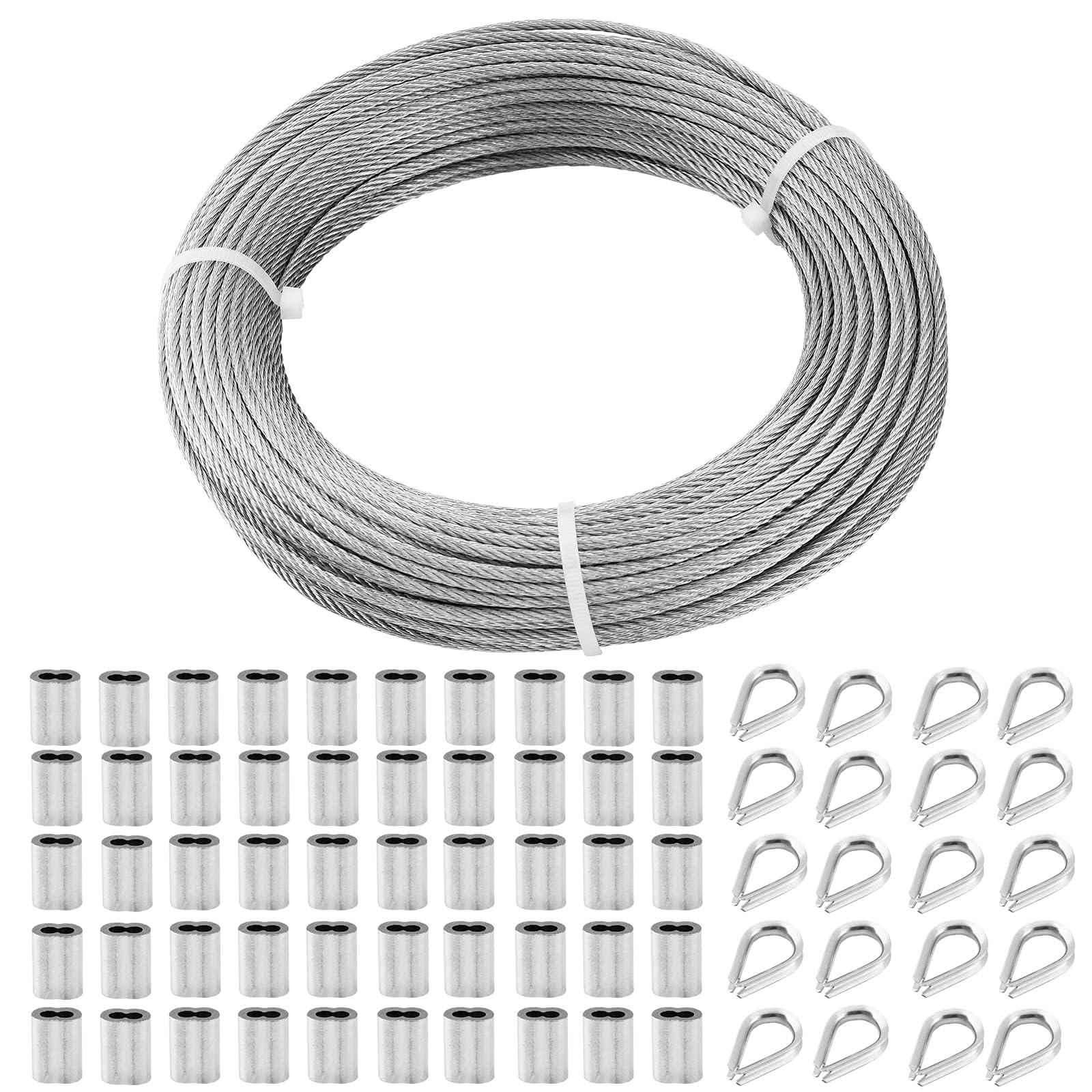 TooTaci 3mm Stainless Steel Cable, 50M Wire Rope with 50pcs M3 Crimping Sleeves & 20pcs Thimbles, 7×7 Strands 304 Stainless Steel Heavy Duty Hanging Wire for Outdoor, Garden, Trellis, Fence DIY