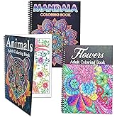 Ilyever 3 Pack Adult Stress Relief Coloring Book,60 Page Mandalas,Animal & Flower Patterns,Spiral Bound Women Coloring Books for Mindfulness & Relaxation for Christmas,Birthday&Holiday Party Gifts