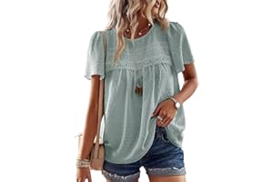 Falechay Womens Summer Tops Crewneck Short Sleeve Shirts Casual Chiffon Blouses Flowy Lace Hem Boho Clothing Trendy 2025