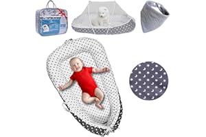 CKALAX Baby Lounger for 0-24 Months Baby Girl & Boy with Mosquito Net & Baby Bib I 100% Cotton Breathable & Soft Nest I Reversible Design, Portable & Lightweight Infant Lounger (Classic Gray, White)