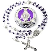 HanlinCC 6mm Glass Pearl Beads with 8mm Our Father Beads with Caps Rosary Pack in Miraculous Metal Gift Box