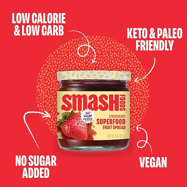 SMASH FOODS STRAWBERRY JAM | LOW-CALORIE, NO SUGAR ADDED KETO JAM WITH UPCYCLED FRUIT & CHIA SEEDS | VEGAN, PALEO SUPERFOOD FRUIT SPREAD (1 JAR)