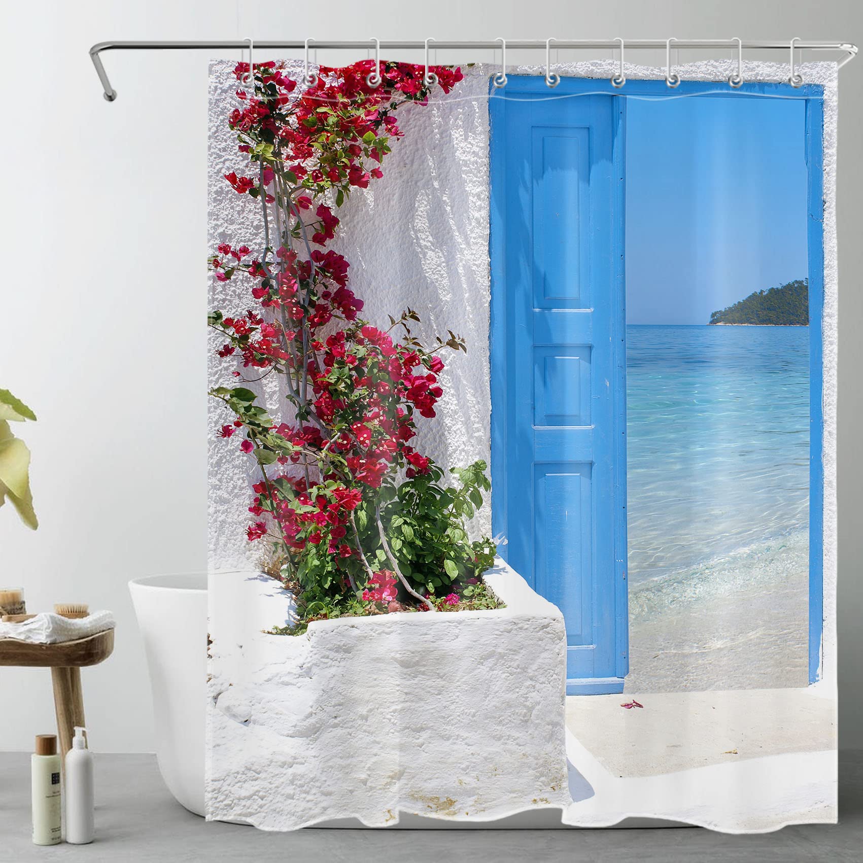 LB 59x71 inch Seascape Shower Curtain Traditional Greek Door Ocean and Santorini Island Waterproof Anti-mold Polyester Fabric Bathroom Curtains with 10pcs Hooks โ image 1