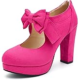 fereshte Women's Platform Mary Jane Pumps with Bow, High Block Heel, Closed Toe, Zip Closure