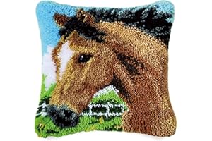 MLADEN Latch Hook Kit Pillow Cover DIY Crochet Yarn Kits Hooking Pillow Cover for Adults and Kids 17" X 17" (Horse)