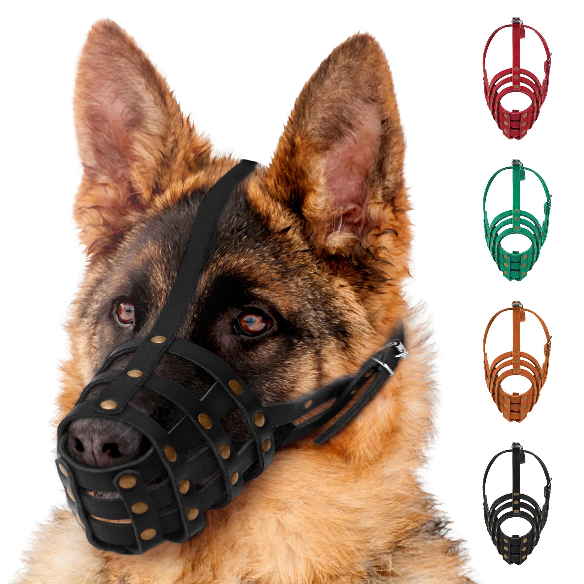 MUROM Leather Dog Muzzle German Shepherd Adjustable Breathable Doberman Dalmatian Setter Basket Medium Large Breeds Black Brown Red Green (Black, Medium)