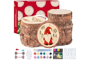 ilauke Wood Slices, 50PCS 2.7''-3.1''Natural Wooden Christmas Ornaments Kit with Pre-Drilled Hole, Acrylic Paint Pattern Stencils, DIY Craft for Adults Kids Holiday Decor Xmas Ornaments