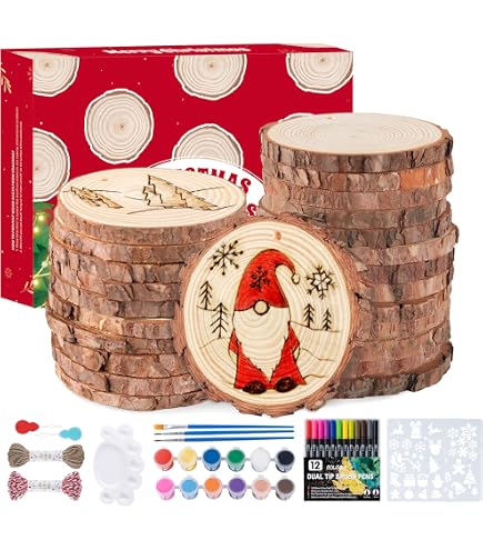 Max Fun 60PCS 3.5\" DIY Wooden Christmas Ornaments Unfinished Predrilled Wood Slices Circles For Crafts Round Centerpieces Discs Holiday Hanging Decorations