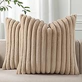 Pallene Faux Fur Plush Throw Pillow Covers 20x20 Set of 2, Luxury Soft Fluffy Striped Decorative Pillow Covers for Sofa, Couch, Living Room, Khaki