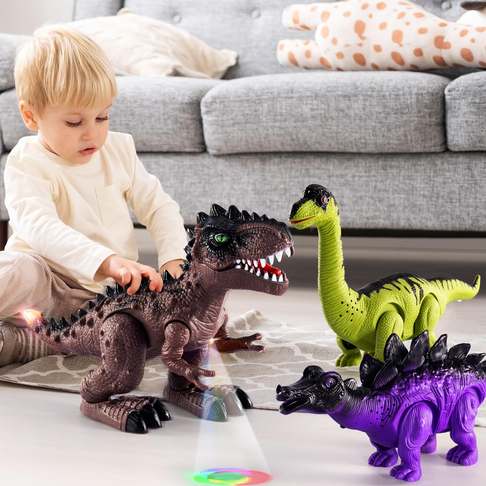 TEMI 3 Pack Electrical Walking Dinosaur Toys for Toddlers 3-4 3-5 Years with Sound and Light Up, Toddler Robot Dinosaur, Brachiosaurus, Stegosaurus Dinosaur Figures for Kids